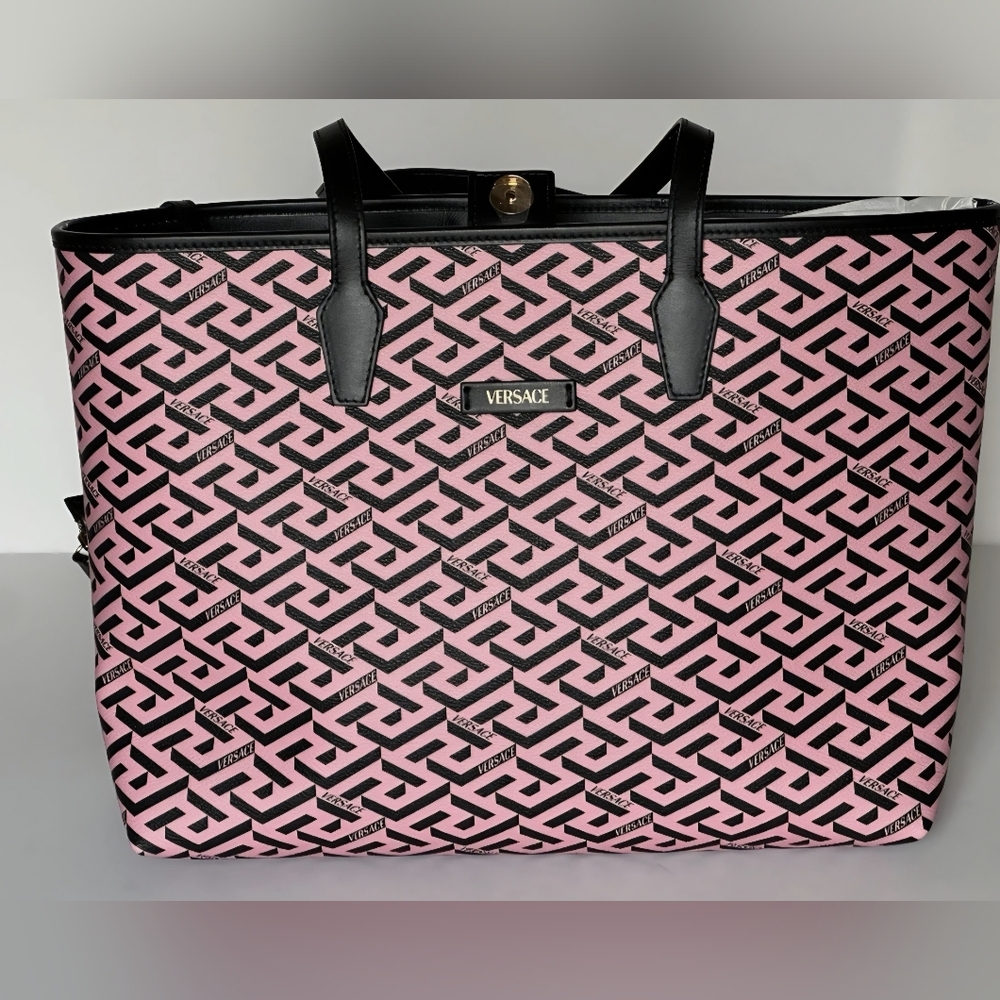 Versace Greca Coated Canvas Leather Pink/Black Tote Bag w COA (NWT) RETAIL $1125 - Picture 5 of 15